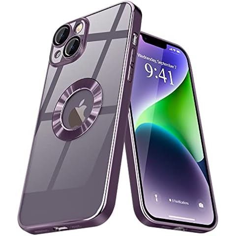 Pepmune for iPhone 14 Case Clear, Logo View Design with Camera Lens Protection Luxury Plating Bumper Shockproof TPU Back Cover Soft Slim Phone Cases,Purple Cover