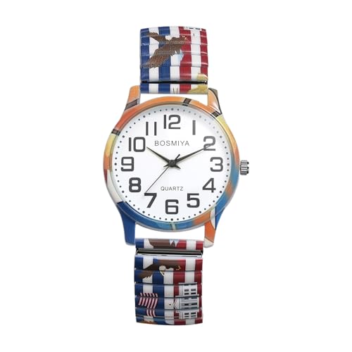 OIDEA Montre Patriotique USA 252e Anniversaire: Montre Bracelet Femme Élastique Drapeau Américain et White House Grands Chiffres Arabes - Cadeau Fête des Mères Anniversaire