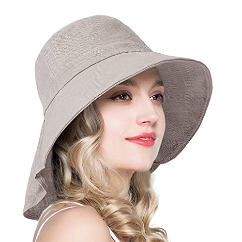 Womens Linen Bucket Hat With Neck Protection Flap Covers Packable Floppy Beach Sun Shade Hat With Adjustable Strings #TOP1