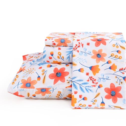 Image of JSD Boho Floral Printed Full Sheet Set 16 inch Deep Pocket | 4 Piece Soft Microfiber Sheets, Watercolor Pink Blue Flower Patterns, OEKO-TEX Certified, Easy Care