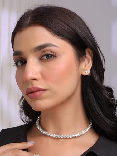 Image of Yellow Chimes Jewellery Set For Women And Girls White Crystal Jewellery Set For Women Silver Tone Crystal Choker Necklace Set Birthday Gift For Girls And Women For Wife