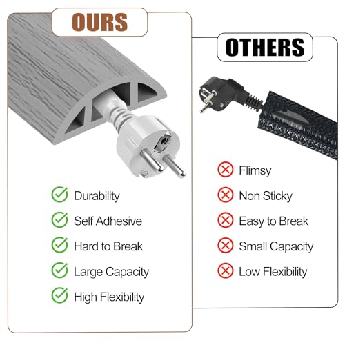 MYFAMIREA 5FT Floor Cord Cover for Wire Self Adhesive Cable Cavity Management PVC Extension Cord Hider Power Floor Wire Protector Cover Prevent Cable Trip for Office Home Outdoor (Gray Wood, 1.97'') by MYFAMIREA - Image 4