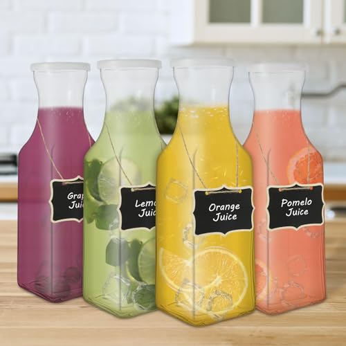 KTZCTPCA 4Pcs Glass Pitcher, Carafe Beverage Serveware with Erasable blackboard, Thick Square Water Jug, Serveware Carafe for Mimosa Bar, Glass Pitcher Beverage Carafes for Home Usage