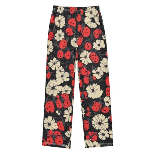 Boys' Pants Red Ladybugs White Flowers Long Bottoms Jogger Pants Elastic Waist Trousers with Pockets S-XL