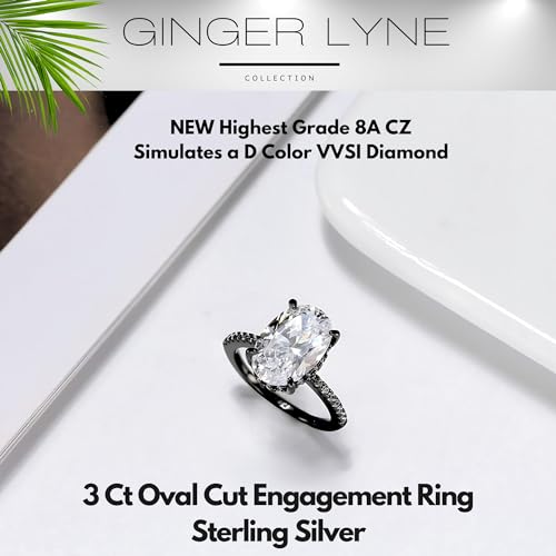 3 Carat Oval Black Engagement Rings for Women by Ginger Lyne | Cubic Zirconia Wedding Rings for Women Sterling Silver | Large 8A CZ Engagement | Travel CZ Simulated Promise or Bridal3