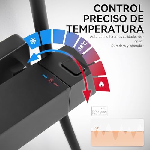 Miniatura 2 de Auralum Columna Ducha Termostatica Con Grifo Ducha Termostatico,Cabezal De Ducha Lluvia 12 Pulgadas Rectangular,Alcachofa De Ducha Con 3 Modo,Barra De Ducha Altura Regulable,Negro