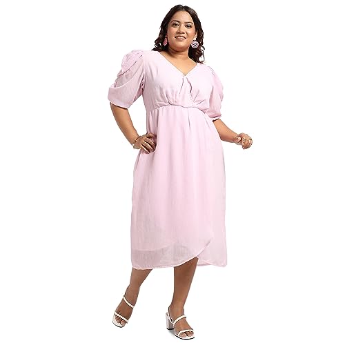 Image of Instafab Plus Women's Baby Pink Petal Hem Dress for Casual Wear | Puff Sleeve | Polyester Fabric | V-Neck Dress Crafted with Comfort Fit for Everyday Wear