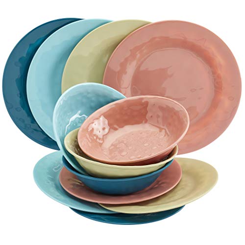 Tabletops Gallery Indoor/Outdoor Melamine Dinnerware Collection- Chip Break Resistant Plates Bowls Dishwasher Safe, 12 Piece Assorted Color Dinnerware In Summer Fun (Aqua, Green, Dk Teal, Orange) #TOP29
