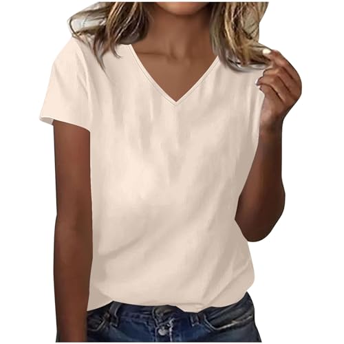 Dyhxuan Camiseta básica para mujer de color sólido, camiseta con cuello en V de verano, manga corta, parte superior de algodón, camiseta versátil, blusa elegante, camiseta para mujer, tops, blusas de