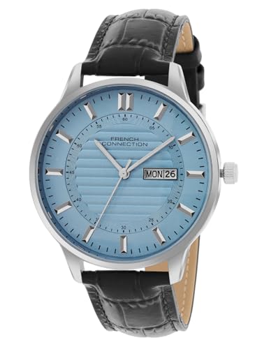 Image of French Connection Textured Sky Blue Round Dial with Black Leather Strap Watch - for Mens FCN0123BL