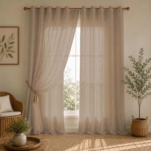 Image of LINENWALAS Aesthetic Sheer Curtains 5 Feet Long Set of 2, Poly Linen Shrink & Fade Proof Drapes for Window, Semi Transparent Modern Panels with Grommet Hanging for Living Room (Brown /5 Feet)