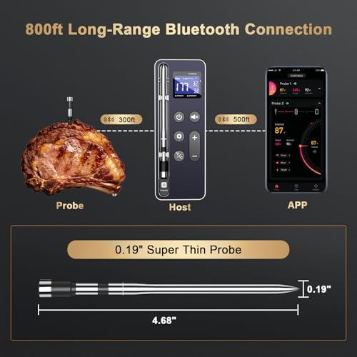 Image of Wireless Meat Thermometer Digital - 800FT Stable Bluetooth Food Thermometer for Cooking, NIST 0.5F Accuracy, Wireless Meat Probe for Kitchen Grill BBQ Oven Smoker