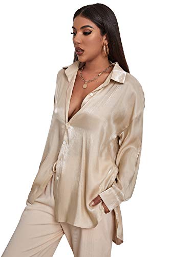 Floerns Women's Drop Shoulder Oversize Long Sleeve Silk Button Down Shirt Blouse Top Khaki L #TOP2