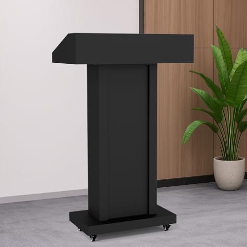 GARVIN Podium Stand with 4 Lockable Wheels, Heavy-Duty Metal Lecterns & Podiums with Hidden Storage, 46.5”H Portable Pulpit for Church, School, Office and Conference, Black