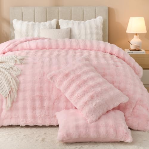Andency Fluffy King Size Comforter Pink, Rabbit Faux Fur Bedding 3 Pieces by Andency - Used condition - Image 5