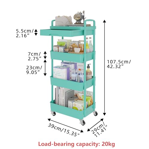 Image of Calmootey 4-Tier Utility Cart with Drawer & Wheels, Storage for Home,Office | Space-Saving Organizer, Sturdy Plastic Shelves, Smooth-Rolling Metal Wheels, Built-in Drawer for Small Items, Green