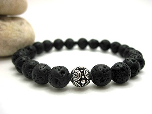 Buddha Bliss Lava Rock and Silver Bead Mens Energy Bracelet