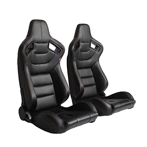 1 Pair Car Seats PVC Leather with Close Texture, Adjustable Racing Bucket Seats with Dual Sliders (Black-RS003)