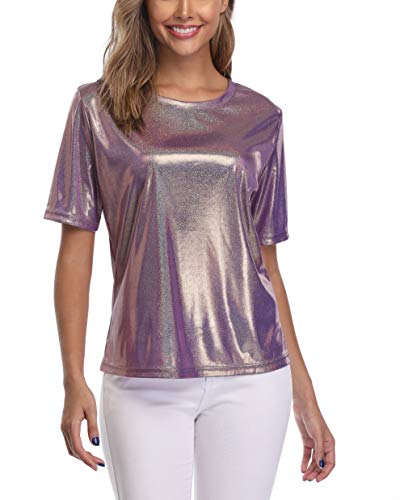 andy & natalie Women's Shiny Top Holographic Metallic Shirt Shimmer Sparkles Glitter Blouse