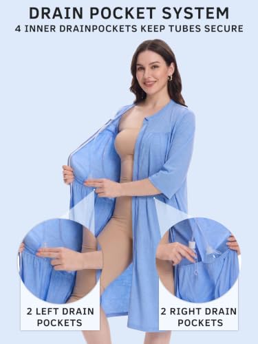 Image of Women's Post Surgery Robe with Drain Pockets Mastectomy Recovery Robe Front Zipper Hospital Gown Pajamas Gift