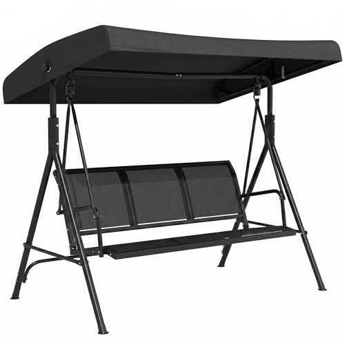 outsunny dondolo da giardino 3 posti con tettuccio parasole regolabile, dondolo da esterno con seduta traspirante in poliestere e telaio in acciaio, portata 200 kg, anti uv, 175x118x159 cm, nero