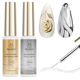 Beetles Metallic Gel Nail Polish Liner Set Silver Bronze Gold 2pcs Gel Liner Nail Art Chrome 3D High-Gloss Effect for Nail Paint Design with Thin Brush DIY French Manicure Curing Requires at Home