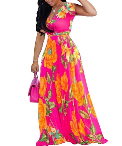 Image of lvenzse Womens Maxi Dress Boho Chiffon Floral Printed Long Party Dresses Plus Size with Belt (FBA)