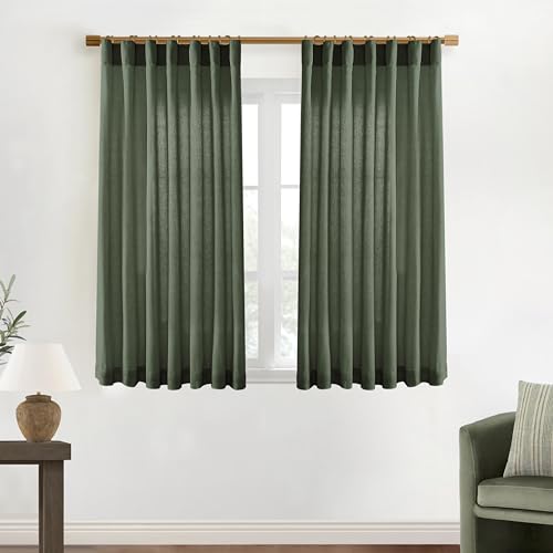 Image of XTMYI Short Curtains for Bathroom Window,Dark Olive Green Boho Bathroom Decor Shower,Sheer Linen Kitchen Curtains,45 Inch Length