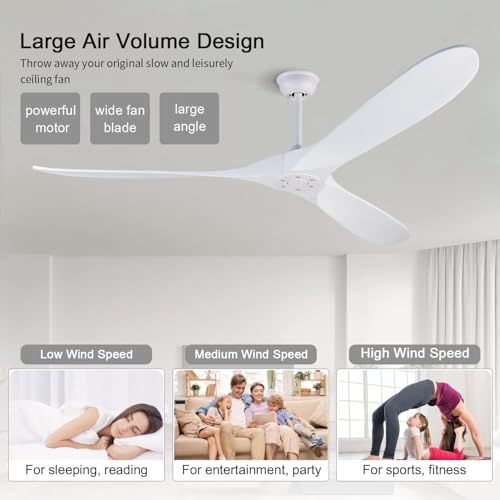 BOJUE Large Ceiling Fans without Lights, 72 Inch Ceiling Fan no Light with Remote Control, 3 Solid Wood Blades Indoor Outdoor Fans Ceiling for Patios Porch Living Room Office (White Blades) by BOJUE - Image 3