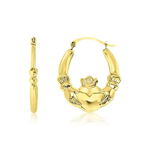 14K Yellow Gold 3x20mm Polished Graduated Hearts Claddagh Lightweight Hoop Earrings