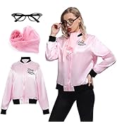 Wizland Pink Ladies Grease Jacket for Halloween Cosplay Costume 1950s Pink Satin Jacket with Neck...