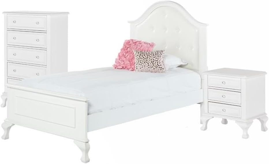 Pemberly Row Contemporary 3-Piece Twin Kids Bedroom Set, Solid Wood and Engineered Wood, White Finish, Includes Bed, Chest, Nightstand, Crystal-Like Knobs, Buttons in Headboard, Dustproof Case Bottoms