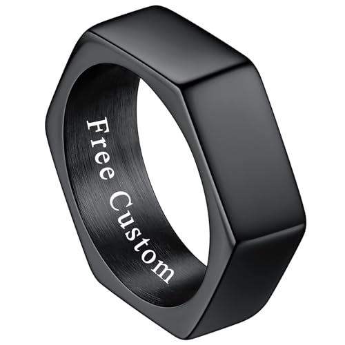 ChainsHouse Screw Band Biker Ring for Men Women, Black Metal/18K Gold Plated Stainless Steel Jewelry Hexagon Geometric Ring, Size 7-14(with Gift Box) a-Steel 7