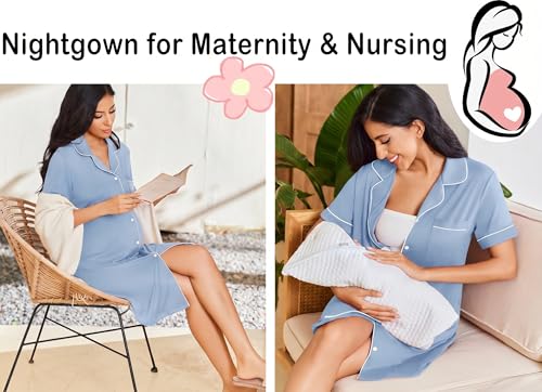 Image of Ekouaer Nightgowns for Women Button Down Sleepshirt Short Sleeve Nightshirt Boyfriend Pajamas V Neck Nightdress S-XXXL