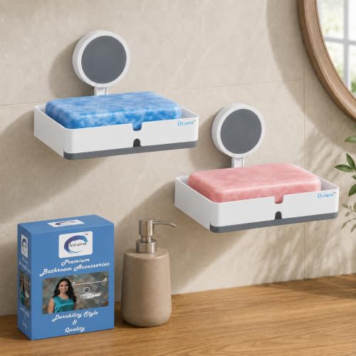 Image of Stickable Soap Stand Pack of 2 | Wall Adhesive Dish | Drill free wall mounted bathroom organizer. Plastic washbasin soap holder set. Ideal compact storage for sinks and showers.