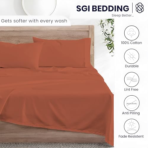 Image of SGI bedding Twin Bed Sheets Set - Premium 600 TC Egyptian Cotton, Crisp & Cooling Sateen Weave, Extra Soft Hotel Collection, Fits Mattresses Up to 16 Inch Deep, Breathable & Long Lasting - Terracotta