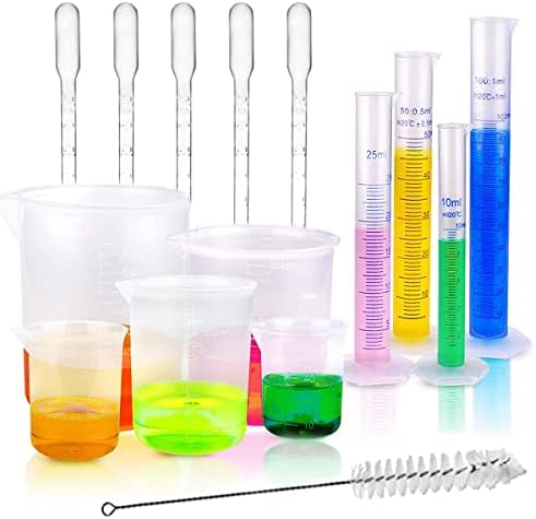 Verdenu 15 PCS Plastic Graduated Cylinders and Beakers Set with 5 Transfer Pipettes and 1 Test Tube Brushes Science Measuring Lab Test Tube Flask Liquid Measuring Tools
