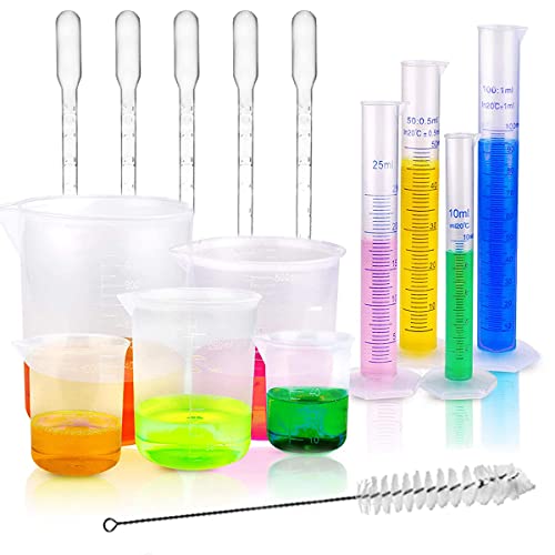 Verdenu Lot de 15 cylindres gradués en plastique avec 5 pipettes de transfert et 1 brosse pour tube à essai, flacons de mesure de liquide Cover