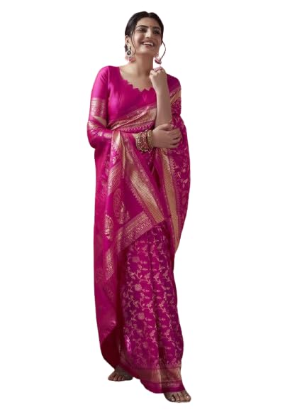 Image of Women's Banarasi Saree Pure Kanjivaram Silk Saree Soft New Ladies Design Wear Pattu Sarees Cotton Party Sari Collections With Blouse Piece For Wedding Sadi, Pink