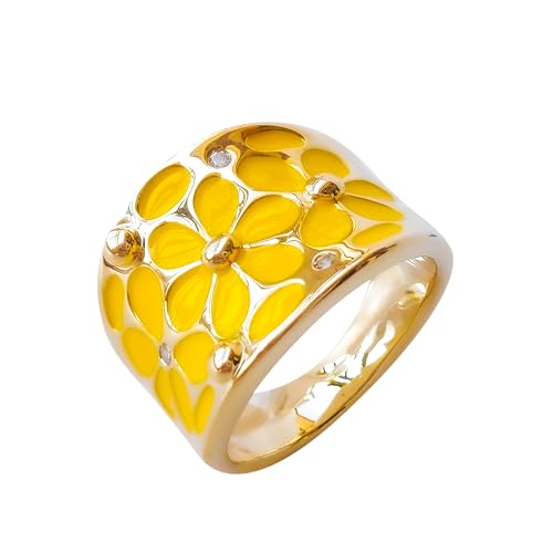 Bague carrée émail plaqué or blanc 18k Navachi motif fleur arc-en-ciel femme