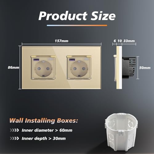 BSEED Unterputz Steckdose mit 20W USB und Typ C Port, Glas Wandsteckdose mit Wasserdicht Abdeckung Ideal f&uuml;r Feuchtr&auml;ume Outdoor und Indoor Verwendung, 157mm 2 Fach Gold