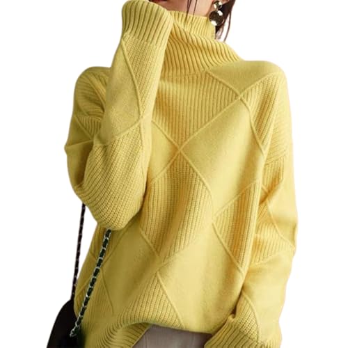 STTBRHF Suéter de Angora, suéter de Cuello Alto de Cachemira para Mujer, suéter Holgado y cálido de Mezcla de Cachemira para Mujer (Medium,Yellow)