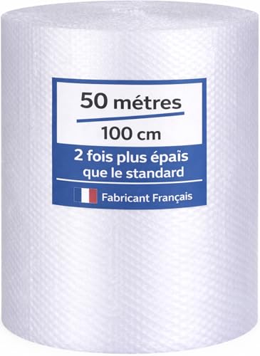 Rouleau Papier Film à bulles - 50 mètres x 100 cm - FABRIQUÉ EN FRANCE - Idéal Emballage Déménagement ou Expédition Colis - Papier Bulle Haute Qualité