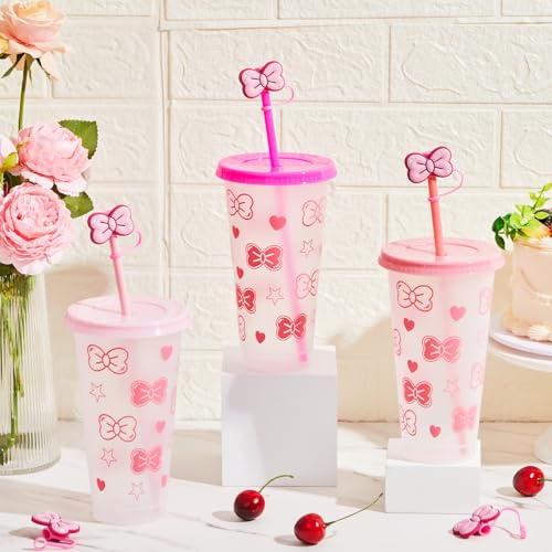 Honeydak 12 Pcs 24 oz Pink Cat Plastic Cups with Lid Straw and Straw Covers by Honeydak - Used condition - Image 6