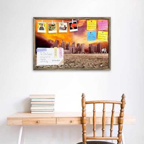 Image of ArtzFolio City Overlooking Desolate Desert | Bulletin Board Notice Pin Board | Vision Soft Board Combo with Thumb Push Pins & Sticky Notes | Antique Golden Frame | 30 x 20 inch (76 x 51 cms)