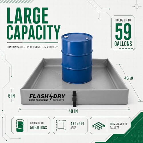 Image of FLASHDRY Portable Spill Containment Berm, Folding Duck Pond 4' x 4', Reusable Oil, Fuel & Chemical Spill Containment Tray, UV-Resistant PVC, Heavy-Duty, Quick & Easy Setup, Garage & Industrial Use