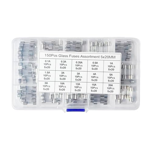 15 Values 150 Stück Sicherungen,Glassicherungen Sortiment Set 5x20mm Sicherung 250V Sicherungen 0,1 0,2 0,25 0,5 1 1,5 2 3 4 5 8 10 12 15 20A Verpackung in einer durchsichtigen Kunststoffbox