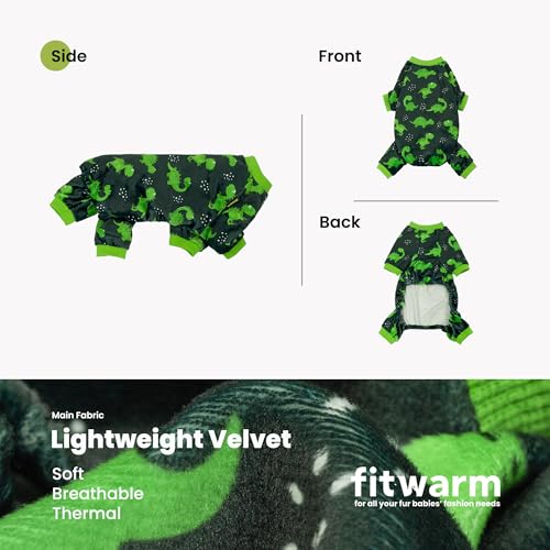 Image of Fitwarm Dinosaur Dog Fleece Pajamas, Warm Clothes for Small Dogs Boy, Cozy Pet Onesie with Feet, Dark Green, Bright Green, XS