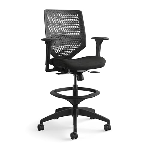 Image of HON Solve Standing Desk Chair with Breathable ReActiv Mesh Back, Adjustable Lumbar Support and Footring, Ergonomic Task Stool with Height Adjustable Arms for Sit‑Stand Workstations, Black