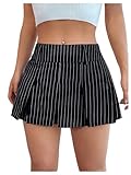 MakeMeChic Women's Casual Striped High Waist Pleated Skater Skirt Zipper Fly Mini Short Skirts Black and White Medium